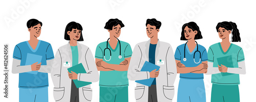 Group of doctors, nurses and medical personnel team, smiling frontline people, heroes character. Professional therapist and hospital staff. Trendy modern illustration isolated on white background. 