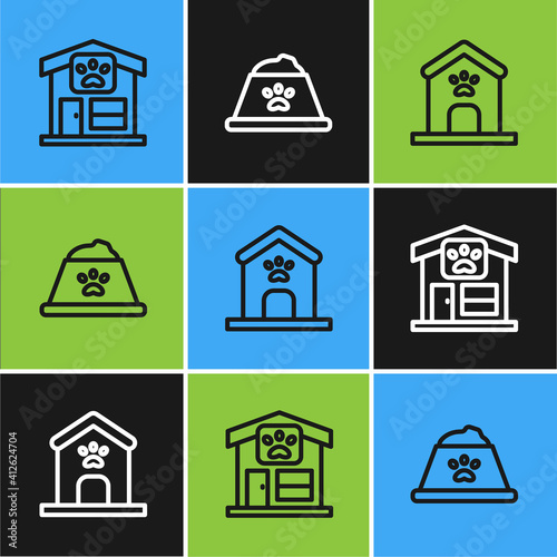 Set line Pet grooming, Dog house and paw print and food bowl icon. Vector.
