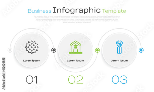 Set line Tennis ball, Dog house and paw print and Pet nail clippers. Business infographic template. Vector.
