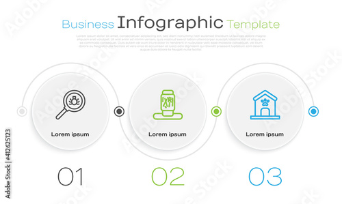 Set line Flea search, Cat scratching post and Dog house and paw print. Business infographic template. Vector.