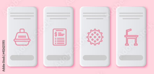 Set line Pet carry case, Grooming salon price list, Tennis ball and grooming table. White rectangle button. Vector.