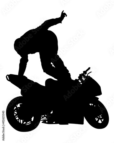 Man in protective clothing rides a retro bike. Isolated silhouette on a white background
