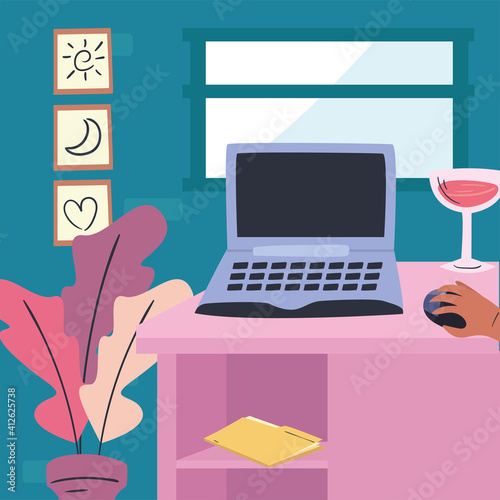 workplace desk with laptop wine cup file and plant vector design