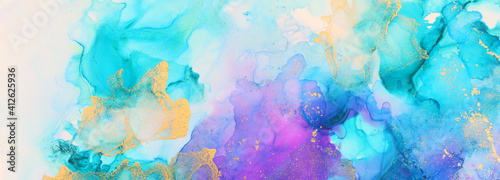art photography of abstract fluid art painting with alcohol ink  blue  purple and gold colors