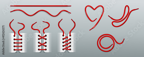 Red shoelaces, lacing by ropes in sneakers different ways. Vector realistic set of footwear cords in shape of heart, swirl, wavy and straight line. Boots or shoes with strings isolated on background