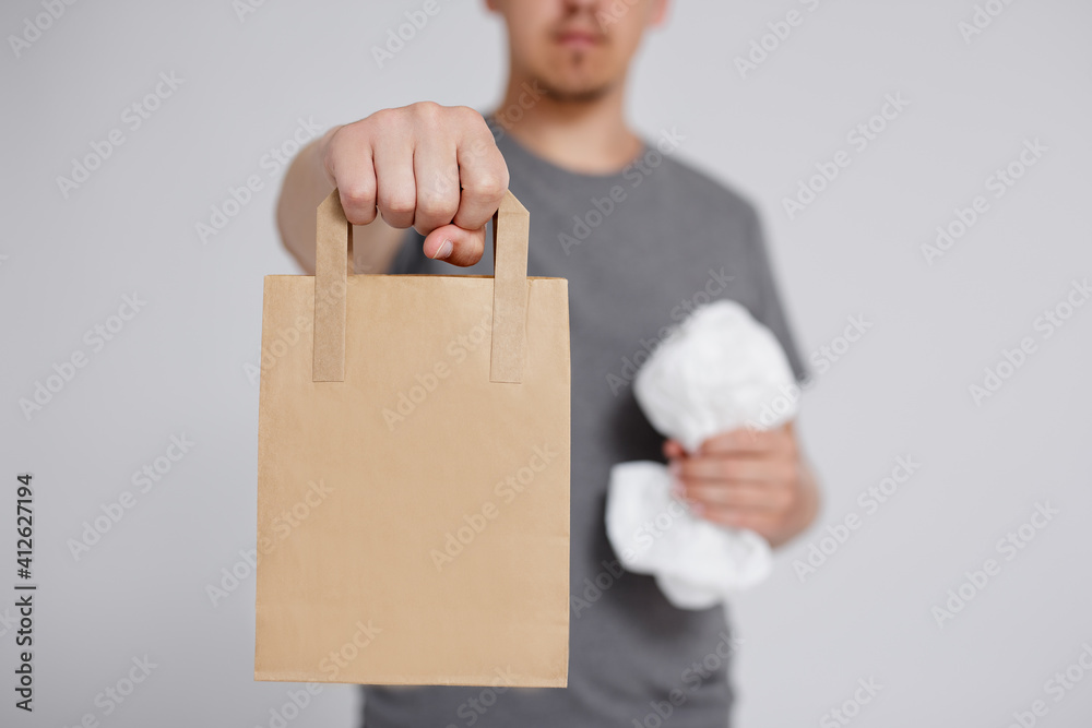 reduce, reuse and recycle concept - plastic bag and brown recyclable ...