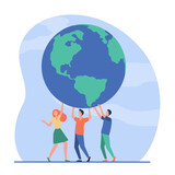 Tiny people holding globe together and smiling. Earth, team, planet flat vector illustration. Environment and ecology concept for banner, website design or landing web page