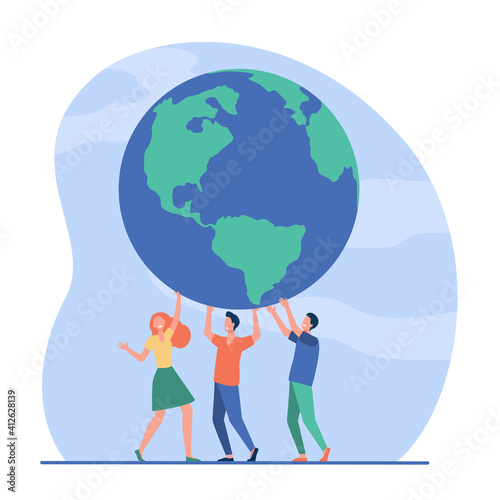 Tiny people holding globe together and smiling. Earth, team, planet flat vector illustration. Environment and ecology concept for banner, website design or landing web page