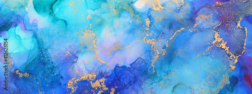 Fototapeta Naklejka Na Ścianę i Meble -  art photography of abstract fluid art painting with alcohol ink, blue and gold colors