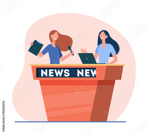 Two women talking about breaking news. Reporter, laptop, information flat vector illustration. Public broadcasting and entertainment concept for banner, website design or landing web page