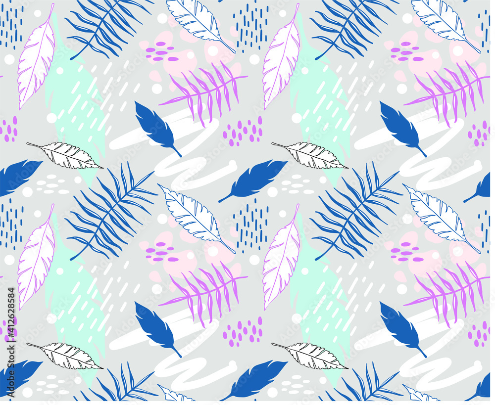 Trending and trendy seamless pattern with hand drawn doodles, feathers, exotic tree leaves. Lines and spots. Pastel colors in vector background Trending and trendy seamless pattern with hand drawn doodles, feathers, exotic tree leaves. Lines and spots. Pastel colors in vector background