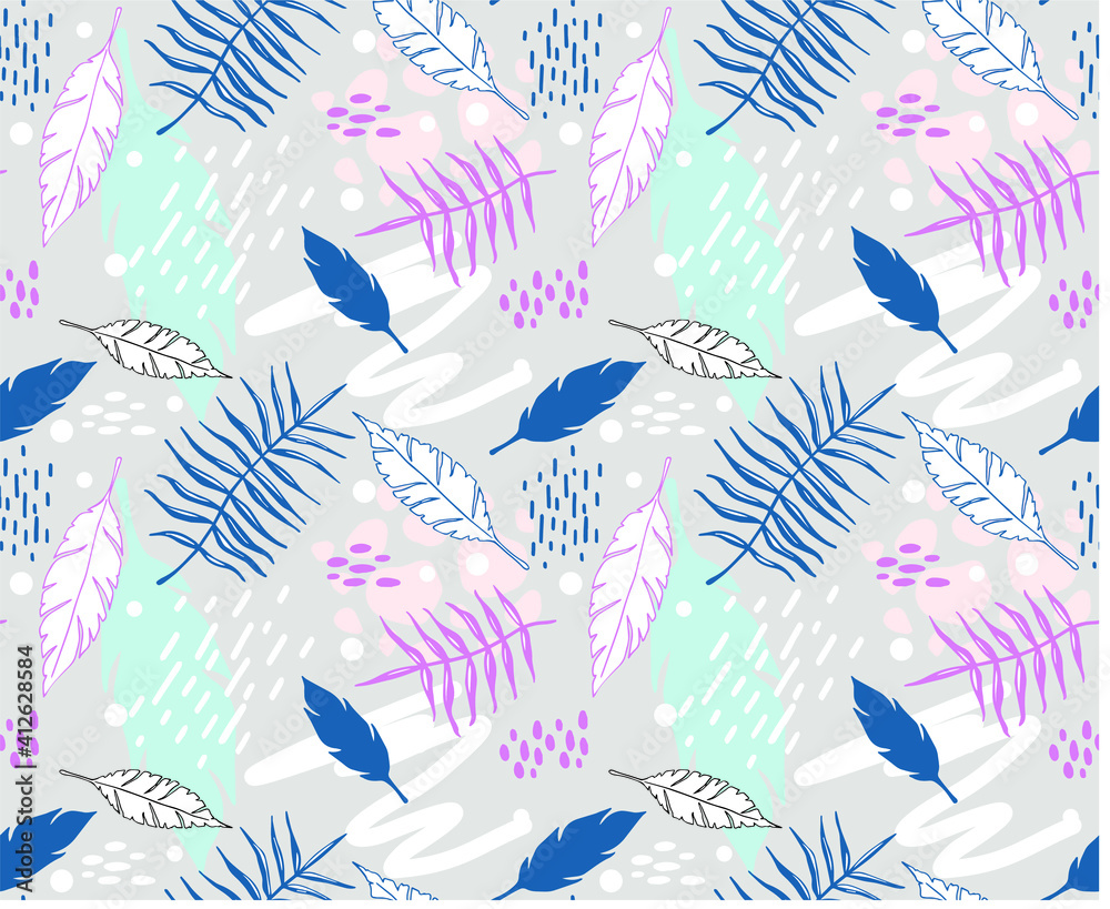 Trending and trendy seamless pattern with hand drawn doodles, feathers, exotic tree leaves. Lines and spots. Pastel colors in vector background