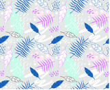 Trending and trendy seamless pattern with hand drawn doodles, feathers, exotic tree leaves. Lines and spots. Pastel colors in vector background