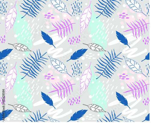 Trending and trendy seamless pattern with hand drawn doodles  feathers  exotic tree leaves. Lines and spots. Pastel colors in vector background