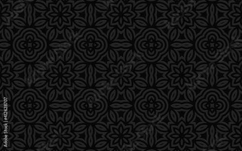 Ethnic geometric convex volumetric black 3D background from a relief pattern with stylized flowers for presentations, wallpapers, textiles.