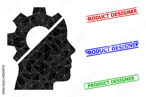 Triangle cyborg gear polygonal icon illustration, and textured simple Product Designer rubber seals. Cyborg Gear icon is filled with triangles. Simple stamp seals uses lines, rects in red, blue,