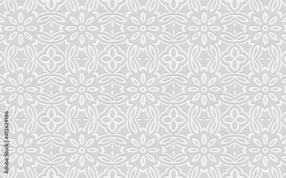Ethnic unique geometric convex volumetric white background from 3d abstract ornament with flowers in doodling style.Texture for design and decor, wallpaper, presentations.