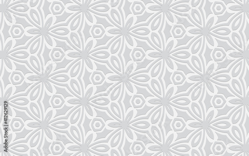Ethnic openwork geometric convex volumetric white background from a 3D ornament. Texture for design and decor, wallpaper, presentations.