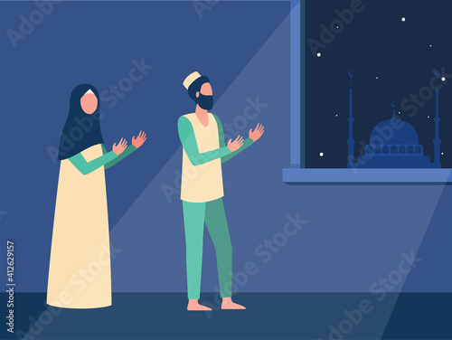 Muslim family praying at night together. Namaz, Islam, mosque flat vector illustration. Religion and faith concept for banner, website design or landing web page
