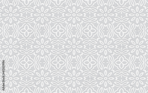 Ethnic unique geometric convex volumetric white background from 3d abstract ornament with flowers in doodling style.Texture for design and decor, wallpaper, presentations.