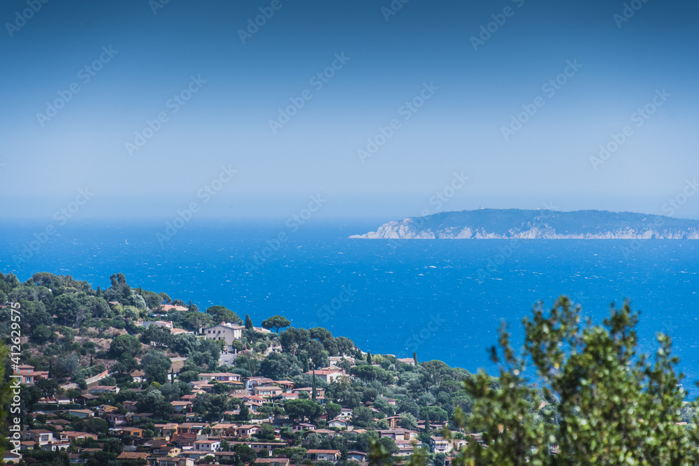 View of the sea from Bormes-les-Mimosas typical village in the south of France