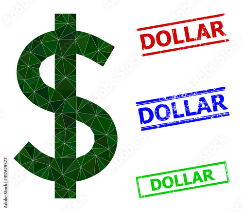 Triangle dollar polygonal icon illustration, and scratched simple Dollar watermarks. Dollar icon is filled with triangles. Simple stamps uses lines, rects in red, blue, green colors.
