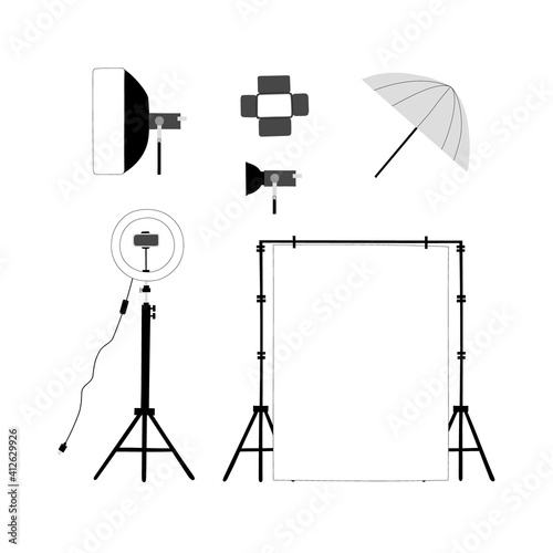 Vector handdrawn flat illustration set with different types of professional lighting equipment isolated on white background. Equipment for blogging, vlogging and studio photo and video.
