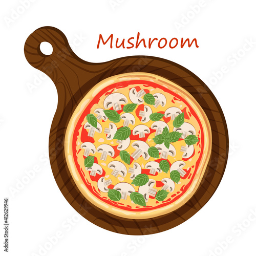 Italian mushroom pizza with champignons, cheese, ketchup and basil on a cutting board on a white background. Vector pizza illustration for menu, poster, advertisement, banner, website.