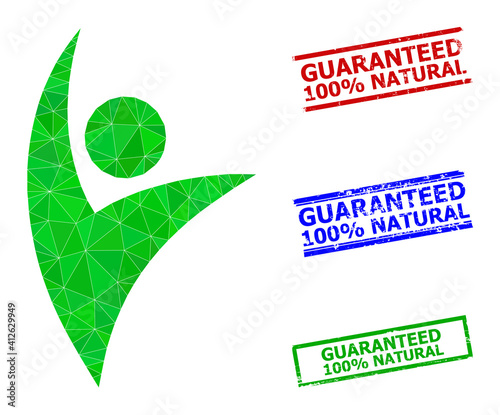 Triangle eco man polygonal symbol illustration, and grunge simple Guaranteed 100% Natural rubber seals. Eco Man icon is filled with triangles. Simple seals uses lines, rects in red, blue,