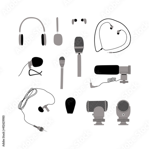 Vector handdrawn flat illustration set with different types of microphones and headphones isolated on white background. Equipment for blogging, vlogging and recording podcasts and videos