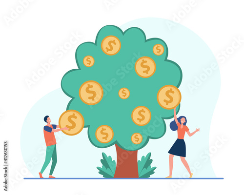 Happy people harvesting coins from money tree. Cash, finance, growth flat vector illustration. Wealth and investment concept for banner, website design or landing web page