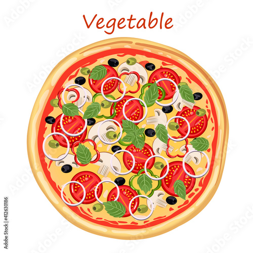Vegetarian pizza with cheese, tomatoes, tomato sauce, basil, olives, mushrooms onions and peppers on a white background. Fast food concept