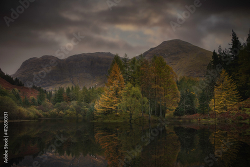 A view of Loch Torren with reflection in Glencoe, Highlands, Scotland.
