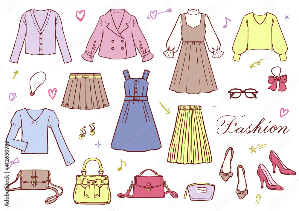 女性のおしゃれなファッションアイテム 手描きイラスト Stock ベクター Adobe Stock