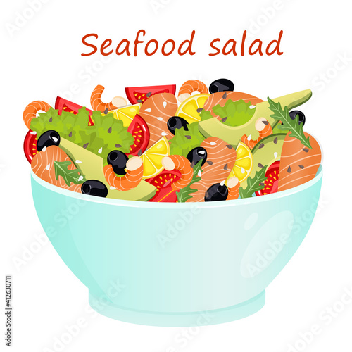 Vector illustration of seafood salad in a blue plate on a white background. The salad consists of tomato, lettuce, arugula, avocado, olives, salmon, shrimp, sesame and lemon. Healthy food concept