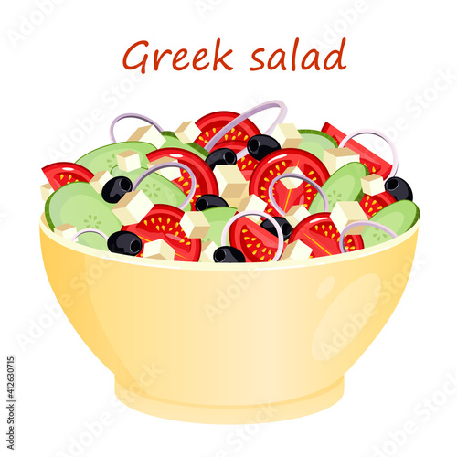 Vector illustration of Greek salad in a yellow plate on a white background. The salad consists of tomato, cucumber, cheese, olives, onion and oil. Healthy food concept