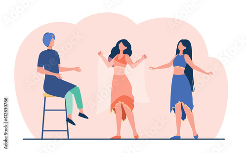 Arabic woman dancing with veil in front of man. Dress, sultan, dancer flat vector illustration. Tradition and entertainment concept for banner, website design or landing web page