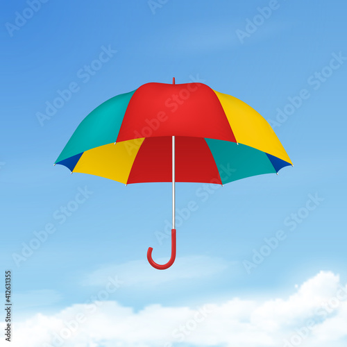 Vector 3d Realistic Render Multicolot Blank Umbrella on Blue Sky Background. Design Template of Opened Parasol for Mock-up, Branding, Advertise etc. Freedom, Weather Concept. Front View