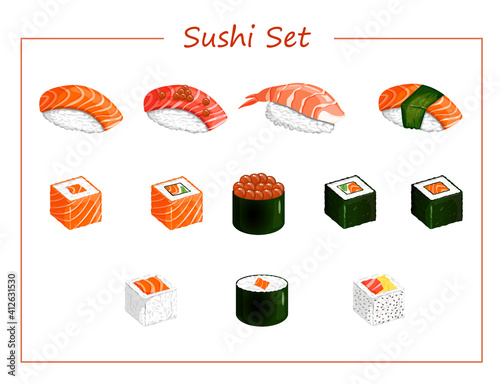 Sushi and roll set such as nigiri, gunkan maki, uramaki, futomaki, hosomaki. Vector illustrations of traditional Japanese cuisine on a colored background for stickers, web, site, menu, store