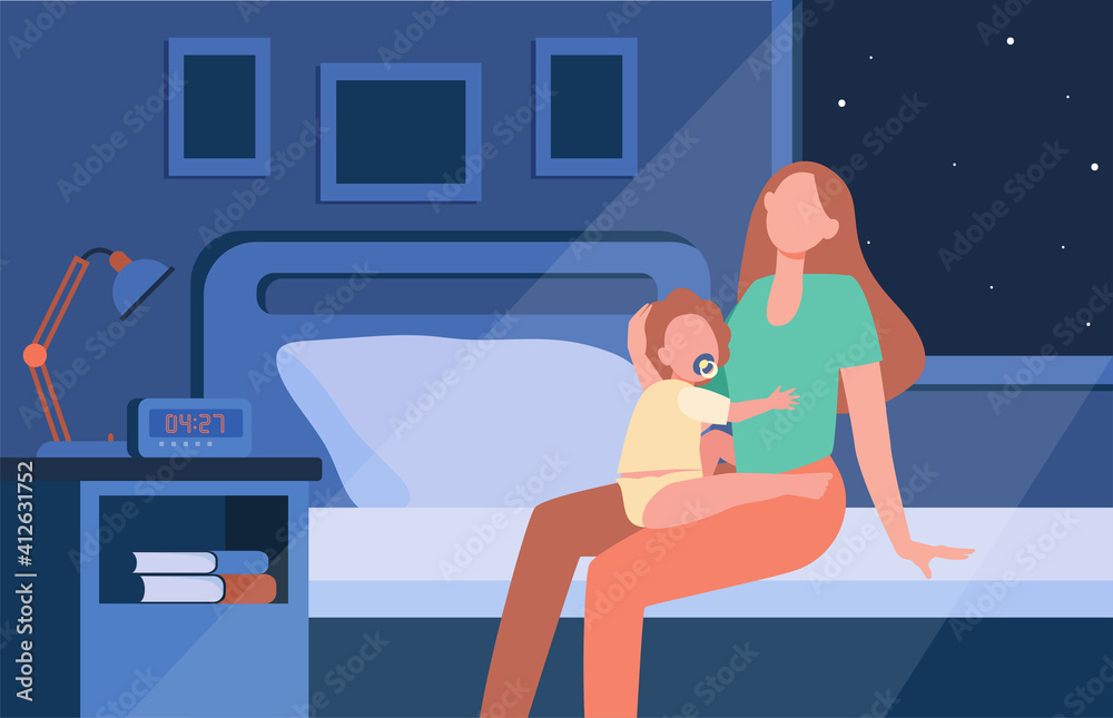 Tired mother sitting on bed with baby at night. Insomnia, newborn, infant flat vector illustration. Maternity and parenthood concept for banner, website design or landing web page Tired mother sitting on bed with baby at night. Insomnia, newborn, infant flat vector illustration. Maternity and parenthood concept for banner, website design or landing web page