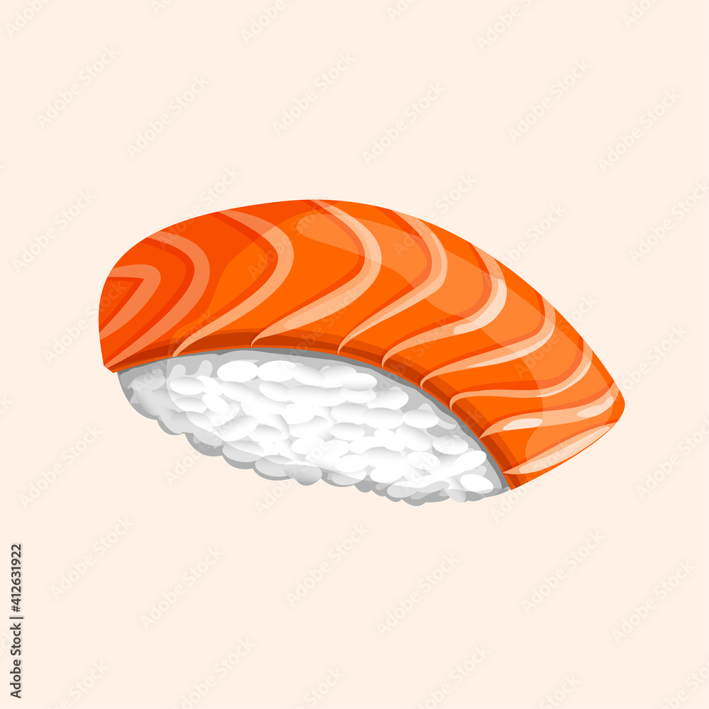 Vector illustration of sushi with salmon and rice. Traditional Japanese cuisine for stickers, web, website, menu, shop, restaurant. Nigiri. Vector illustration of sushi with salmon and rice. Traditional Japanese cuisine for stickers, web, website, menu, shop, restaurant. Nigiri.