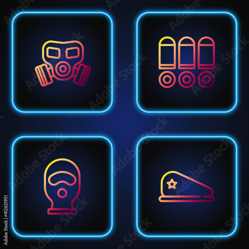 Set line Military beret, Balaclava, Gas mask and Bullet. Gradient color icons. Vector.
