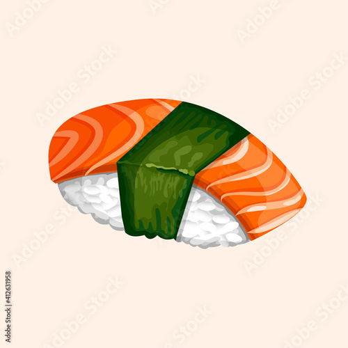 Vector illustration of sushi with salmon, rice and nori leaf. Traditional Japanese cuisine for stickers, web, website, menu, shop, restaurant. Nigiri.