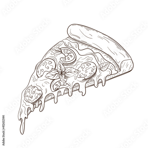 Hand-drawn sketch a slice of delicious pizza with sausage, tomatoes, basil and lots of cheese. Vector illustration isolated on white
