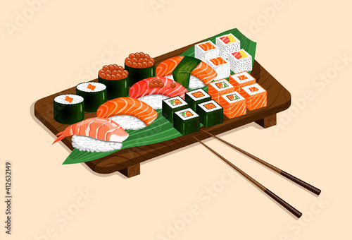 Sushi set and roll on a wooden tray and a green leaf. Nigiri, gunkan maki, uramaki, futomaki, hosomaki. Vector illustration of traditional Japanese food on a colored background for the site, menu.