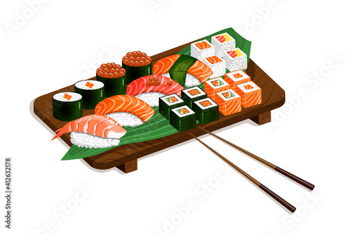 Sushi set and roll on a wooden tray and a green leaf. Nigiri, gunkan maki, uramaki, futomaki, hosomaki. Vector illustration of traditional Japanese food on a white background for