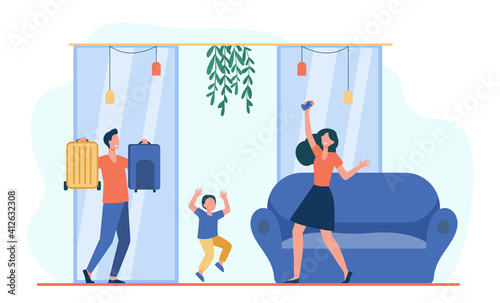 Happy family with kid celebrating vacation. Baggage, dad, weekend flat vector illustration. Travel and holiday trip concept for banner, website design or landing web page