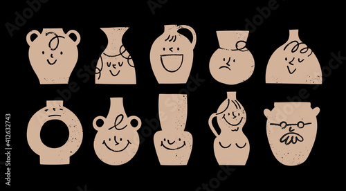 Ceramic Vases with comic Faces. Various Emotions. Different characters. Antique, ancient ceramics. Pottery concept. Cartoon style. Hand drawn Vector set. Trendy illustration. All elements are isolated