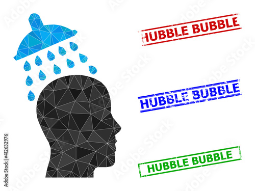 Triangle head shower polygonal icon illustration, and unclean simple Hubble Bubble stamp seals. Head Shower icon is filled with triangles. Simple watermarks uses lines, rects in red, blue,
