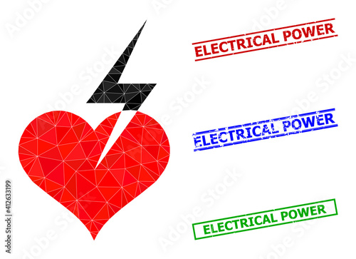 Triangle heart strike polygonal icon illustration, and scratched simple Electrical Power stamp imitations. Heart Strike icon is filled with triangles. Simple stamp seals uses lines, rects in red,
